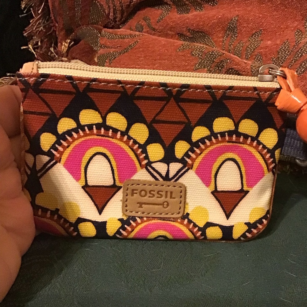 FOSSIL LEATHER KEY-PER COIN CHANGE PURSE EUC ID BEAD